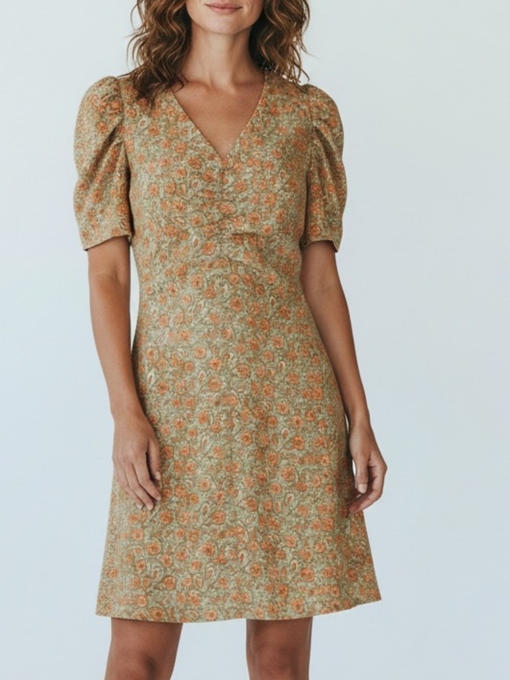 Treasure & Bond Sage and Orange Floral Puff-Sleeve Mini Dress size S